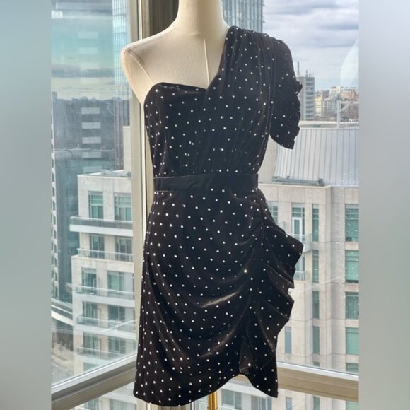 🆕 SELF-PORTRAIT 🧿 NWOT Velvet Diamante One Shoulder Mini Dress, Sz UK 12 US 8 - Picture 3 of 16